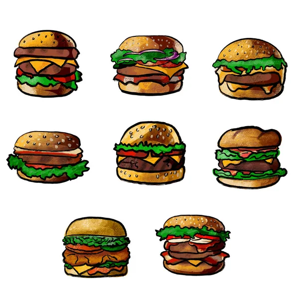 햄버거라고 불리는 햄버거는 일반적으로 사이에 배치되는 패티로 구성된 상징적 항목입니다 — 스톡 벡터