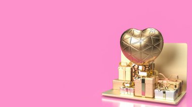 Teknoloji veya İnternet Alışverişi konsepti için altın dizüstü bilgisayar ve hediye kutusu 