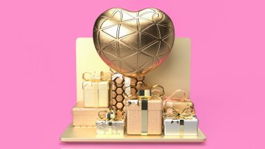 Teknoloji veya İnternet Alışverişi konsepti için altın dizüstü bilgisayar ve hediye kutusu 