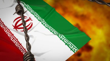 Yangın arka planında İran bayrağı 3D görüntüleme.