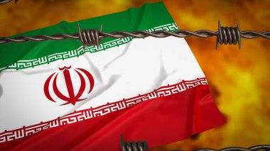 Yangın arka planında İran bayrağı 3D görüntüleme.