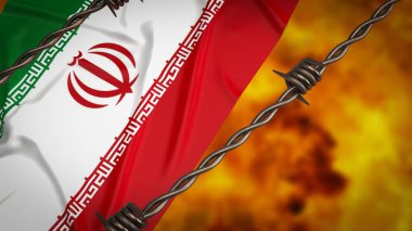 Yangın arka planında İran bayrağı 3D görüntüleme.