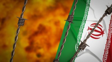 Yangın arka planında İran bayrağı 3D görüntüleme.