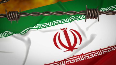 Yangın arka planında İran bayrağı 3D görüntüleme.