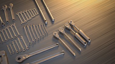 Çalıştırma için çelik masadaki garaj aracı ya da içerik 3D görüntüleme.