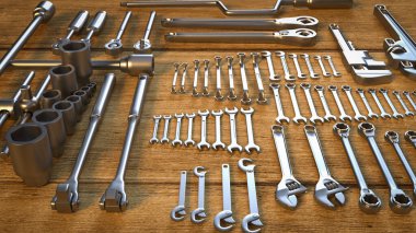 İşlem için ahşap masadaki garaj aracı ya da içerik 3D görüntüleme.