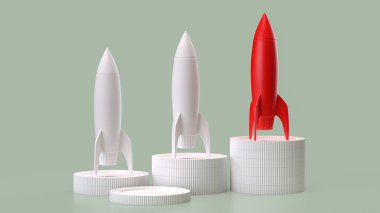 Bilim ya da İş Konsepti 3D yorumlama için roket ve madeni paralar.