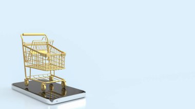Çevrimiçi pazarlama konsepti 3D sunumu için Mobile 'de Altın Alışveriş Arabası.