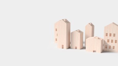 Mülk konsepti için beyaz arkaplan üzerine ahşap bina.