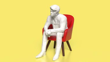 Sarı arka planda oturan adam ve kırmızı sandalye 3D görüntüleme.