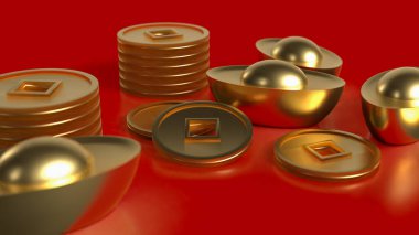 Kırmızı arka planda Çin altını ve sikkeleri 3D görüntüleme.