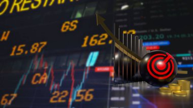 Siyah top üzerindeki kırmızı hedef sembolü ve İş Konsepti 3D oluşturma madeni paraları.