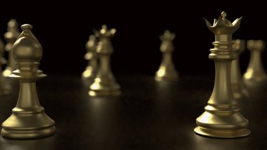 İş konsepti 3D oluşturma için siyah arkaplan üzerine altın satranç.