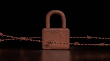  Siber güvenlik ya da teknoloji konsepti 3D görüntüleme için paslı kilit