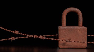  Siber güvenlik ya da teknoloji konsepti 3D görüntüleme için paslı kilit