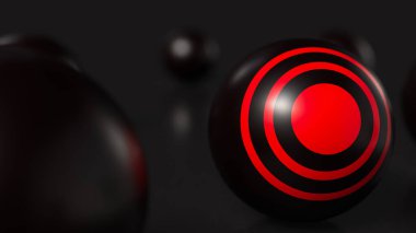 İş konsepti 3D sunumu için siyah topun üzerindeki kırmızı hedef. Bu Adobe Boyutu ve Blender 3d programı tarafından oluşturulan bir resim..