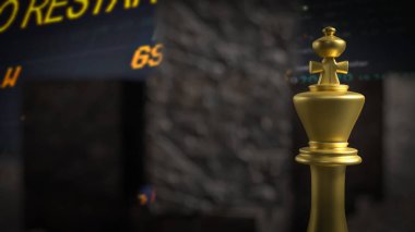 Ticari ya da soyut kavram 3D oluşturma için küp taşı üzerinde altın kral satranç.