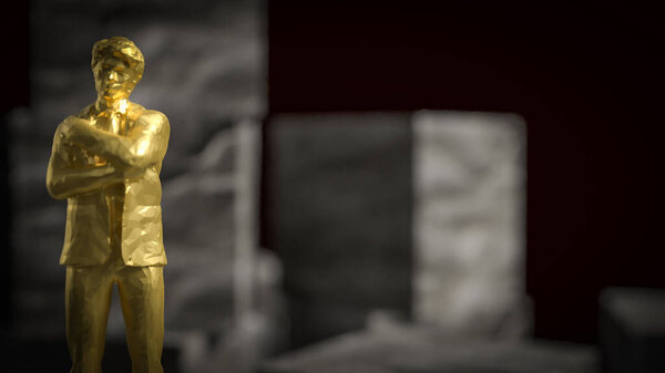 Золотой бизнесмен стоит на кубическом камне на черном фоне 3D рендеринга.