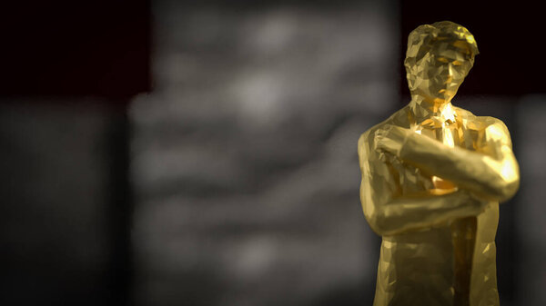 Золотой бизнесмен стоит на кубическом камне на черном фоне 3D рендеринга.