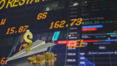 Ticari konsept 3D görüntüleme için kağıt uçağın üzerinde altın dolar sembolü.