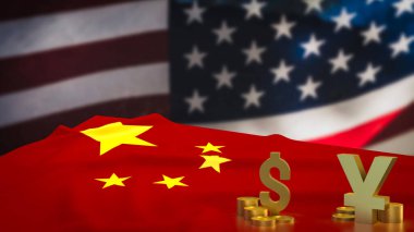 Altın yuan ve dolar sembolü iş konsepti 3D görüntüleme.