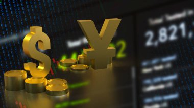 Altın yuan ve dolar sembolü iş konsepti 3D görüntüleme.