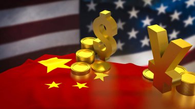 Altın yuan ve dolar sembolü iş konsepti 3D görüntüleme.