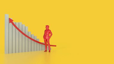 İş Konsepti 3D canlandırması için sarı arka planda çizelge ve kırmızı adam.