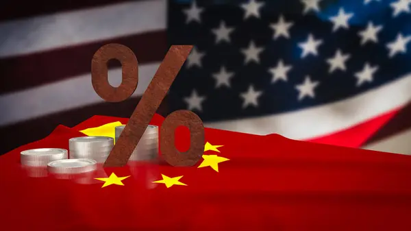 Vergi veya iş konsepti için Çin ve ABD bayrağındaki paslanma oranı ve madeni paralar 3D.