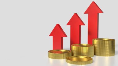 İş Konsepti 3D oluşturma için beyaz arkaplanda altın sikkeler ve kırmızı ok.