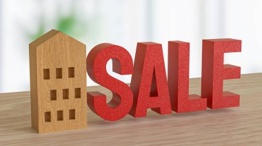 Wood house and red sale for property or building concept 3d rendering. clipart