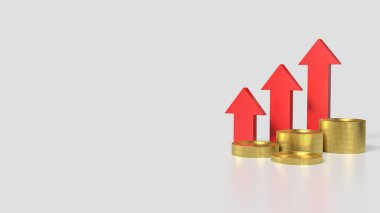 İş Konsepti 3D oluşturma için beyaz arkaplanda altın sikkeler ve kırmızı ok.