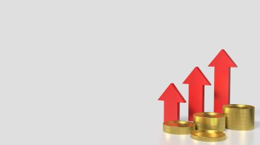 İş Konsepti 3D oluşturma için beyaz arkaplanda altın sikkeler ve kırmızı ok.