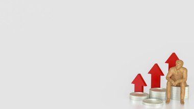 Altın sikkeler üzerinde oturan adam ve iş konsepti 3D yorumlama için beyaz zemin üzerinde kırmızı ok.