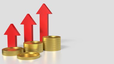 İş Konsepti 3D oluşturma için beyaz arkaplanda altın sikkeler ve kırmızı ok.