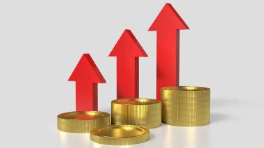 İş Konsepti 3D oluşturma için beyaz arkaplanda altın sikkeler ve kırmızı ok.