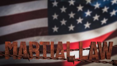 Amerikan bayrağı üzerine sıkıyönetim ve dikenli tel döşeme konsepti 3D