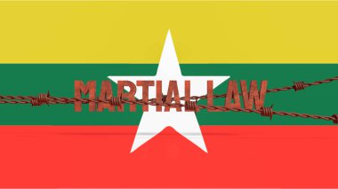 Arka plan konsepti için Myanmar bayrağında sıkıyönetim ve dikenli tel 3D görüntüleme.