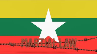 Arka plan konsepti için Myanmar bayrağında sıkıyönetim ve dikenli tel 3D görüntüleme.