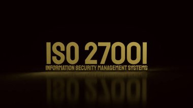 Altın iso 27001 ve siyah arka plan 3D görüntüleme teçhizatı.