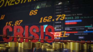 Kriz metni ve İş Konsepti 3D yorumlama madeni paraları.