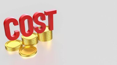 İş konsepti 3D oluşturma için kırmızı maliyet metni ve altın sikkeler.