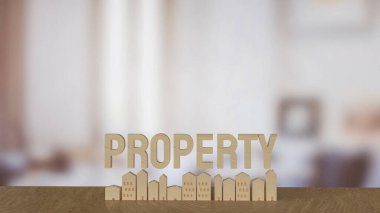 Emlak konsepti için ahşap ev ve mülk metni 3D görüntüleme.