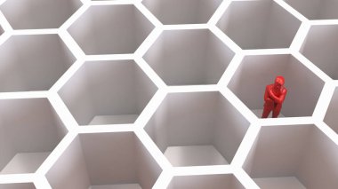 Soyut ya da İş Konsepti 3D yorumlaması için Arı Kovanı 'ndaki Kırmızı İş Adamı.