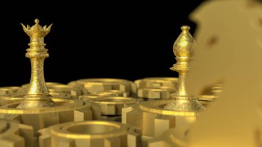 İş konsepti 3D yorumlama için satranç ve altın dişli