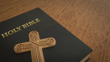 Kutsal İncil 'in haçı ahşap masa 3 boyutlu..