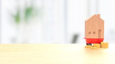 Ahşap Ev, Mülkiyet veya Bina Konsepti 3D Yapılandırma için kırmızı el arabasında.