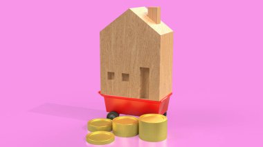 Ahşap Ev, Mülkiyet veya Bina Konsepti 3D Yapılandırma için kırmızı el arabasında.