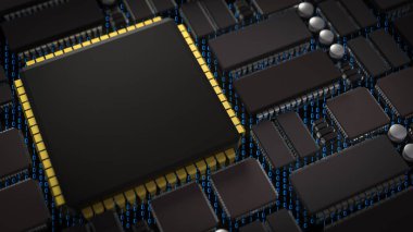  IT veya Teknoloji Konsepti 3d Hazırlama için PCB Yönetim Kurulu 'nda IC.