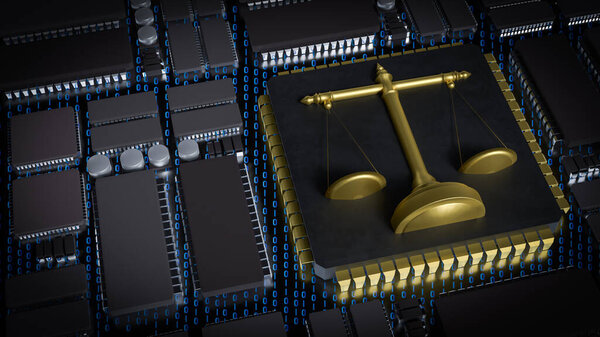 Золотые Весы на чипе для технологии или концепции закона 3d Rendering.